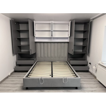 Mobilier dormitor modern cu pat tapițat, dulapuri laterale și corpuri suspendate  A-98